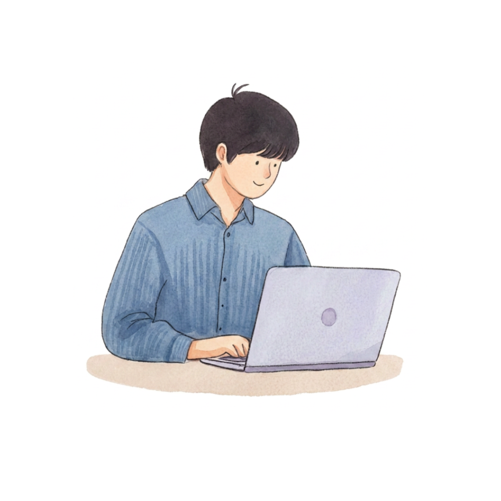 ノートPCに向かう人物の水彩イラスト（人物は特定できないデフォルメ画風）